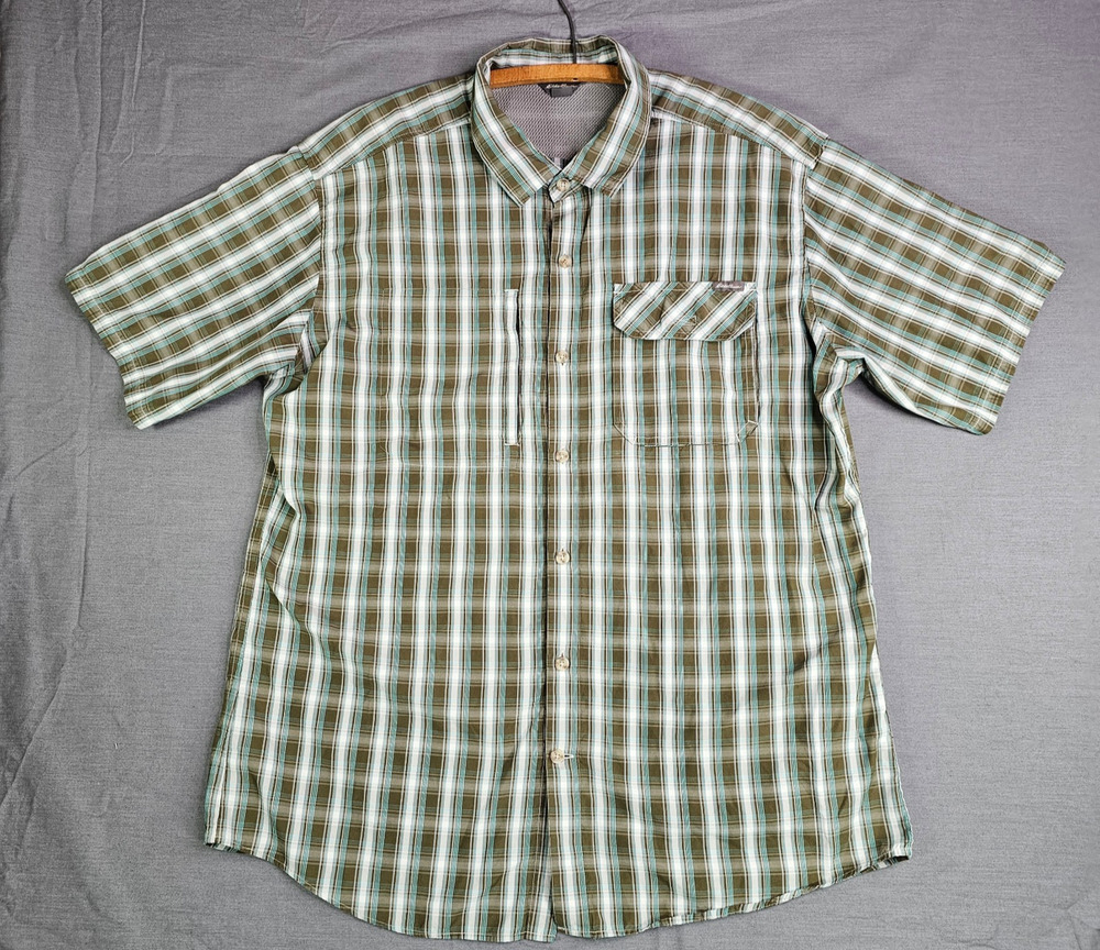 Eddie Bauer Short Sleeve Button Up Vented Outdoors Brown/Blue Plaid Men's XL